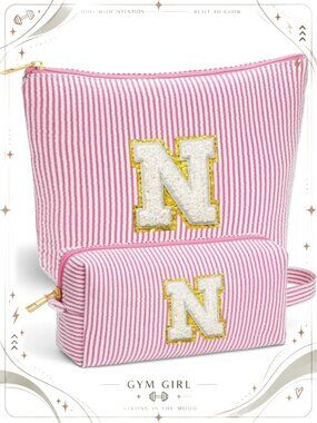 2 Pc Monogram Cosmetic Bag Set Striped Polyester Travel Makeup Pouches